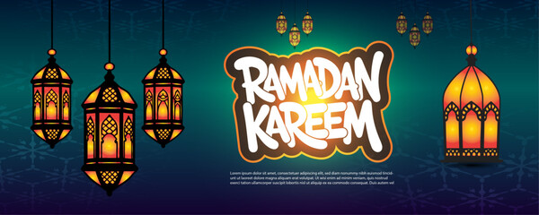 Ramadan Kareem Banner with Colorful Islamic Lanterns and Decorative Typography © sabul