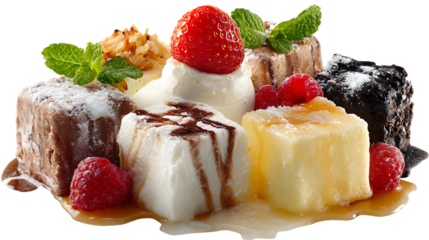 Assorted desserts with strawberries and raspberries on transparent background