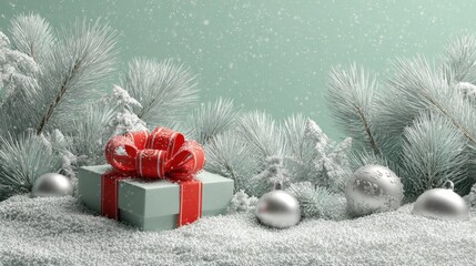 A christmas gift box with a red bow and silver ornaments