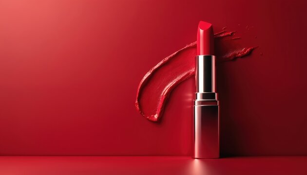 A vibrant red lipstick rests beside a bold on a clean red background. This makeup product image highlights its creamy texture and luxurious metallic casing, perfect for beauty ads.