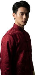 Young Chinese Man in Red Cheongsam portrait isolated on transparent background