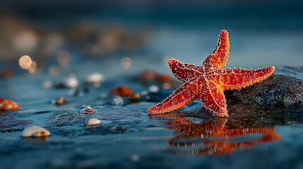 Orange starfish resting wet rock low tide wallpapers