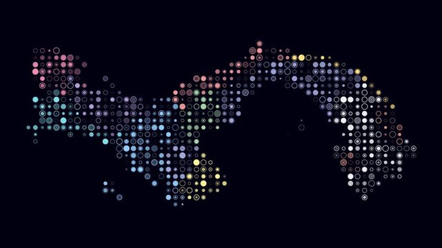 Panama animated country shape. Pulsating colored dots on the map of the country. Small size circle blocks. Digital style Panama map on dark background. Amazing animation video.
