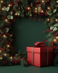 A christmas wreath with a red present box and a green background