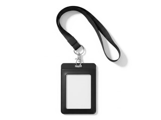A black lanyard with an attached id badge holder against a white background