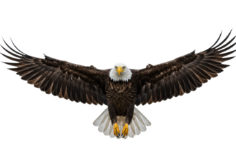 majestic mature american bald eagle diving fiercely, wings spread, sharp talons extended, intensely lit on transparent background. concept of pure strength and untamed freedom