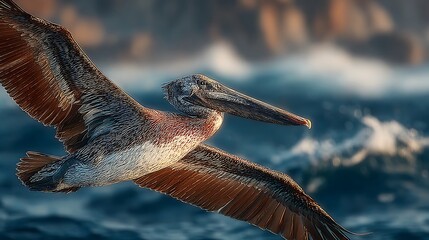 Pelican gliding calm ocean water wings spread wallpapers