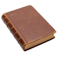 Obraz premium Weathered brown leather book, vintage binding displaying patina and subtle aging marks isolated on transparent or white background. PNG 