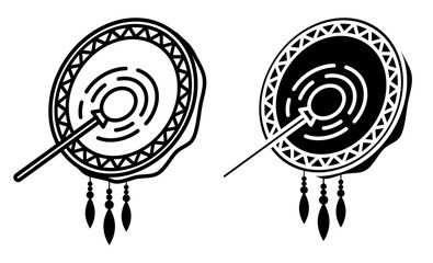 Linear icon, isometric Shamanic drum decorated with magical ornaments and amulets. Simple black and white top view vector isolated on white background