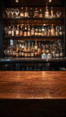 Empty wooden bar counter in front of shelves stocked with liquor bottles