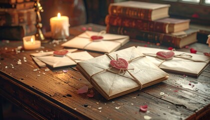 Vintage Letters and Candles on Wooden Table.