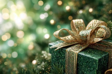 A green christmas present with a gold bow