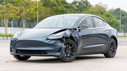Naklejka premium Damaged electric sedan on urban street showing visible signs of collision with crumpled front panel and dark paint reflecting surrounding greenery