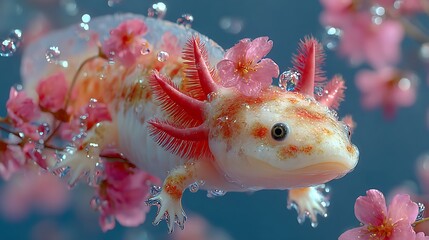 Pink axolotl floating underwater visible gills illustrator