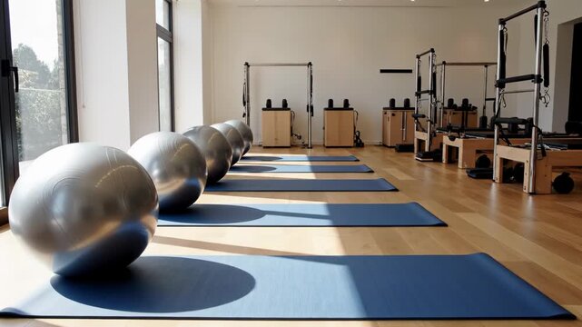 Bright, modern Pilates studio featuring stability balls, yoga mats, and reformers for fitness training