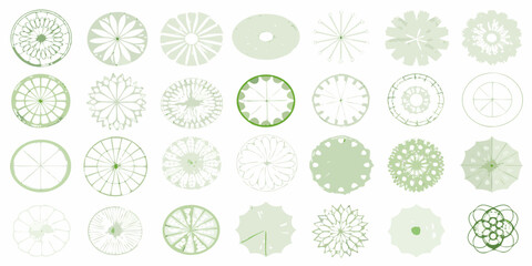 Collection of decorative green circular patterns and floral designs on white background © Lolita