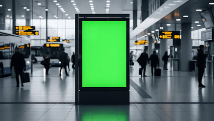 Green screen digital billboard in a busy modern transport hub with blurred people