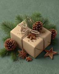 A present box with a pine branch and pine cones