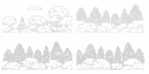 Stylized illustration of trees and bushes in a layered grayscale landscape © Lolita