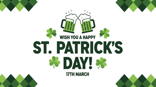 Happy St. Patrick's Day greeting with clinking beer mugs and shamrocks.