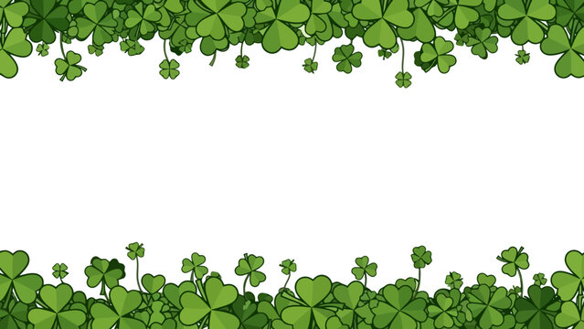 A festive St. Patrick's Day themed border with lush green shamrocks and clover leaves framing a white empty space.