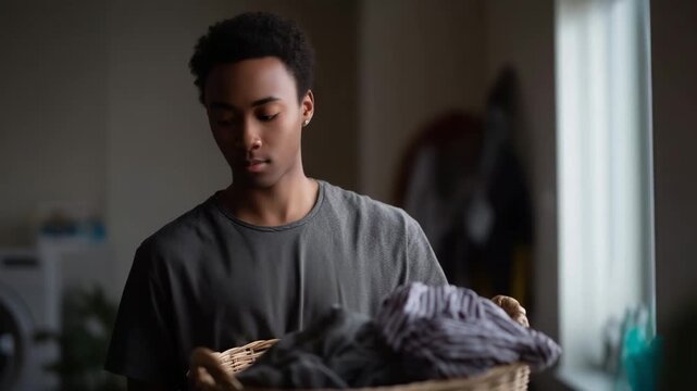 4k Student doing laundry in a dormitory laundry room, holding basket full of clothes natural light, realistic lifestyle photo with cozy mood. college laundry, dorm life