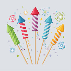 Brightly colored firework rockets depicted in a flat design illustration, symbolizing excitement, celebration, and luminous displays for festive events and joyous occasions