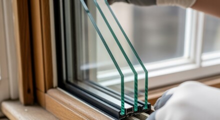 Detailed macro shot of tripleglazed window layers showing advanced insulation glass being fitted into traditional sash window frames of a historic dwelling.