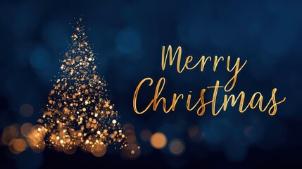 Merry christmas tree with gold glitter on blue background