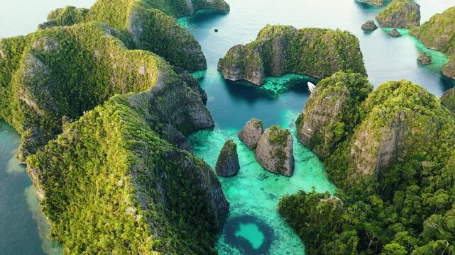 Raja Ampat, Indonesia: Aerial drone footage of the famous Piaynemo viewpoint plateform overlooking a stunning lagoon in the Fam islands in Raja Ampat in west Papua in Indonesia.