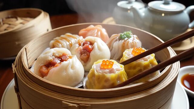 Assortment of steamed dumplings and tea pot