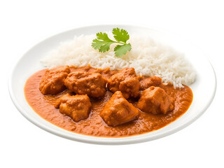 Fototapeta premium Chicken tikka masala curry with basmati rice served on white plate, garnished with coriander leaves isolated on transparent or white background. PNG 