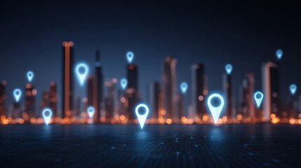 Modern city skyline at night with illuminated location markers representing navigation, technology, and urban exploration in a digital environment