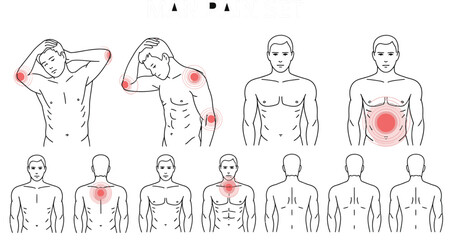 Fototapeta premium Detailed set of illustrations showing various pain symptoms and discomfort zones on a mans body