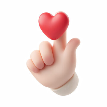 3D cute chubby cartoon hand making finger heart gesture with floating red heart isolated on transparent background.