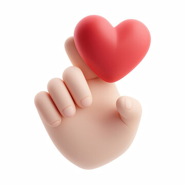 3D cute chubby cartoon hand making finger heart gesture with floating red heart isolated on transparent background.