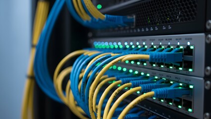 Network server with organized blue and yellow ethernet cables