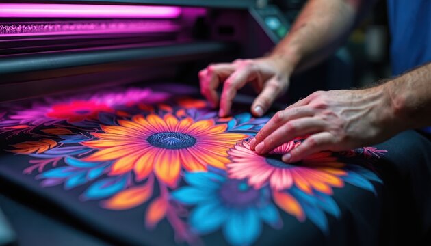 Close up of worker hands operating advanced digital printer applying colorful floral design onto textile material. Bright ink creates vibrant pattern on fabric for apparel. Modern manufacturing
