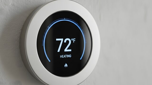 Modern smart thermostat displaying 72 degrees Fahrenheit on wall