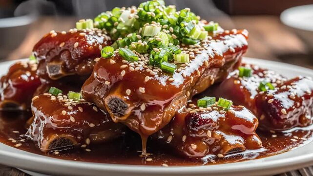 Close up of braised pork ribs on a white plate with garnish
