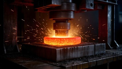 Glowing hot metal being forged in industrial press machine