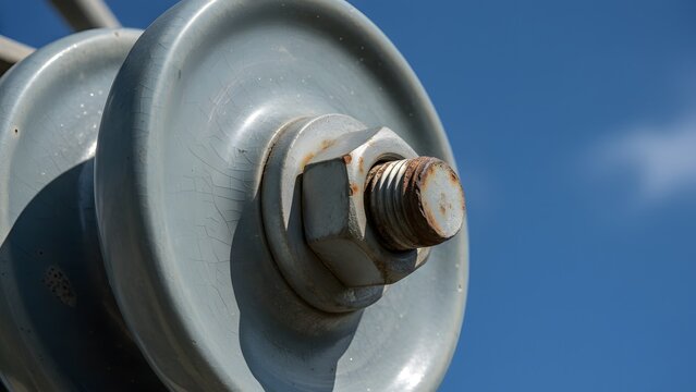 Close-up of industrial insulator with rusty bolt and nut
