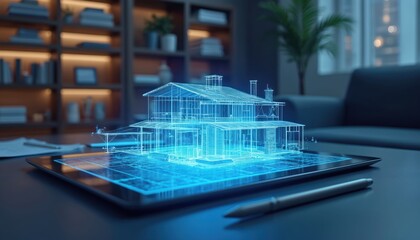 Digital 3d house model wireframe on tablet screen. Futuristic architecture plan displayed on modern device. Engineering blueprint for building construction project.