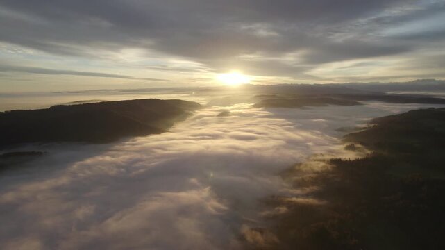 Drone flying through clouds over forest at sunrise, cinematic aerial view of misty woodland, golden morning light, peaceful nature landscape, Switzerland Alps atmosphere.