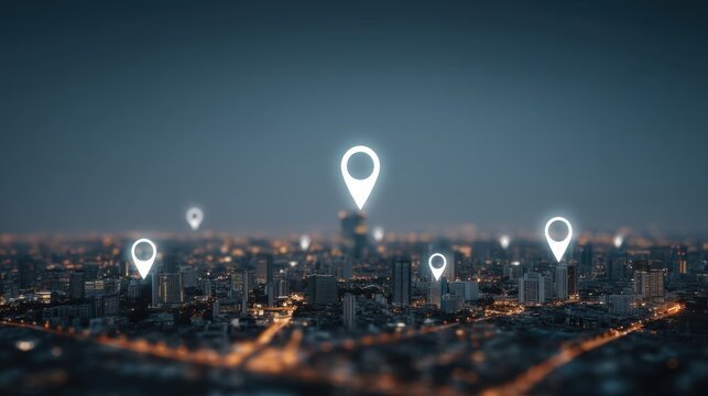 Urban Cityscape with Location Pins Representing Navigation and Geolocation in a Modern Metropolis at Night - Powered by Adobe