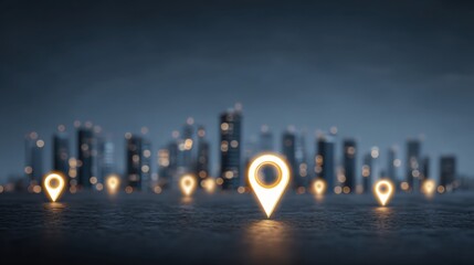 City skyline with illuminated location pins on dark background representing navigation technology and urban exploration concept in modern metropolis