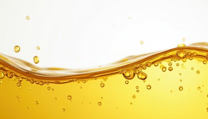 Golden yellow liquid with air bubbles forms gentle waves on a clean white background. This abstract texture depicts flowing, smooth, and clear fluid. Ideal for food, beauty, or industrial themes.