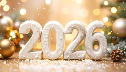 White 2026 numbers surrounded by Christmas decorations, pine branches and golden ornaments, festive holiday New Year concept, soft glowing lights, elegant seasonal design