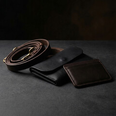 Leather accessories including belt, wallet, and cardholder on dark surface  