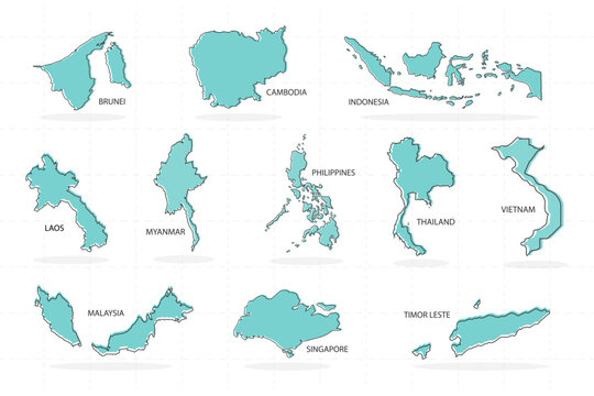 set of line country and shadow in Asia includes Thailand, Brunei, Cambodia, Indonesia, Laos, Malaysia, Myanmar, Philippines, Singapore, Timor, and Vietnam.